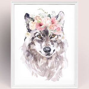 Watercolor Floral Wolf Wall Art Illustration Print Poster Card Unframed